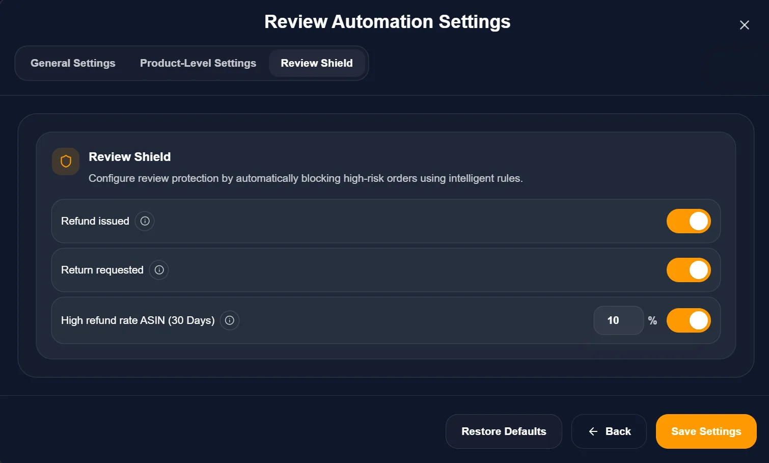 Review Shield rules for refunds, returns and high refund-rate products