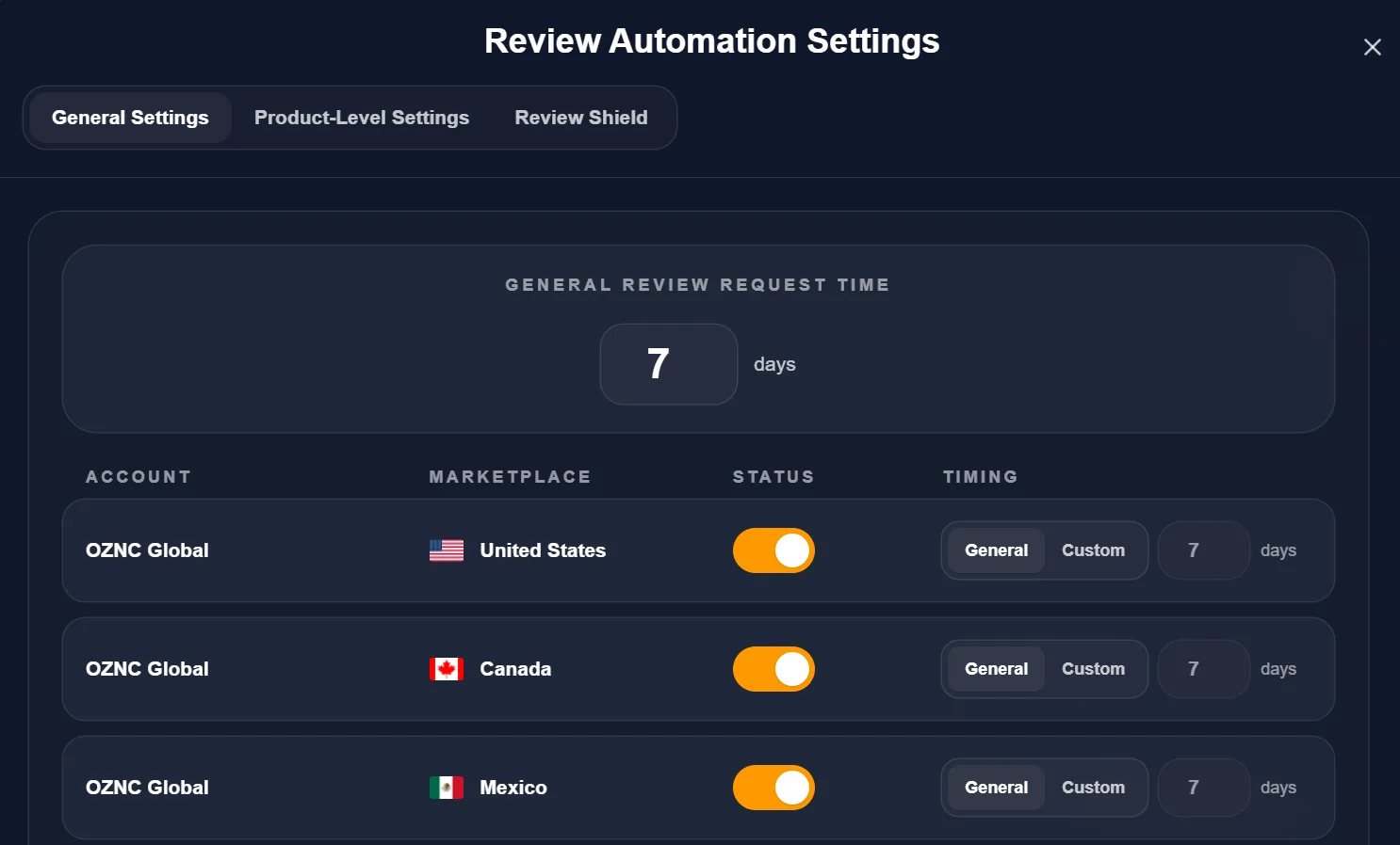Review Automation general settings with delay and marketplace controls
